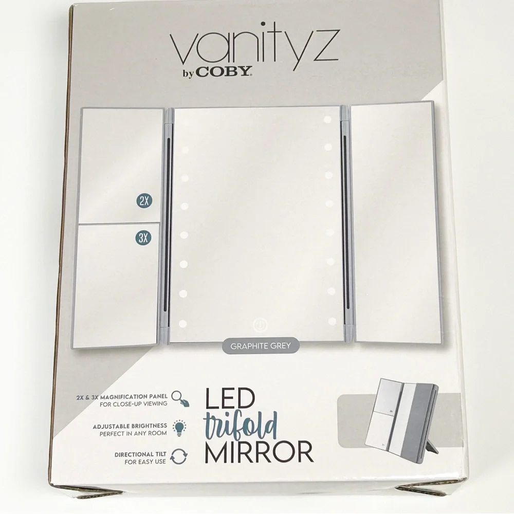 Coby Vanityz Trifold LED Mirror Grey 1x 2x 3X Magnification NEW